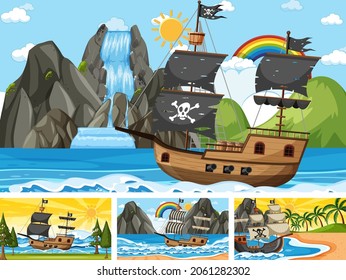 Set of Ocean with Pirate ship at different times scenes  in cartoon style illustration