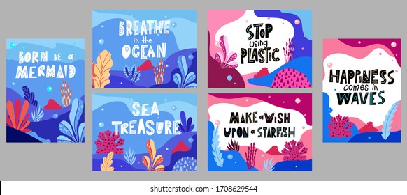 Set of Ocean quotes with sea elements. Lettering poster or greeting card. Travel typography design. Vector illustration.