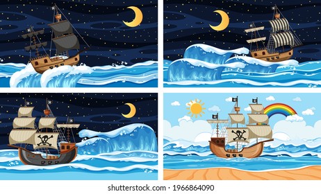 Set of ocean scenes at different times with Pirate ship in cartoon style illustration
