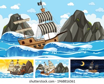 Set of ocean scenes at different times with Pirate ship in cartoon style illustration