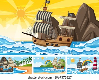 Set of ocean scenes at different times with Pirate ship in cartoon style illustration