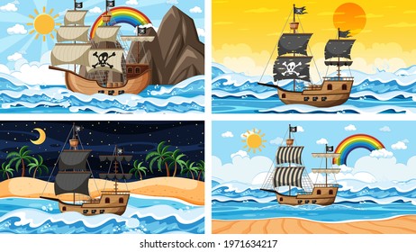 Set of ocean scenes at different times with Pirate ship in cartoon style illustration