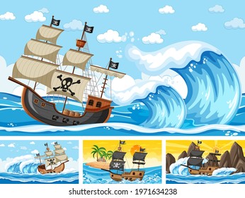 Set of ocean scenes at different times with Pirate ship in cartoon style illustration