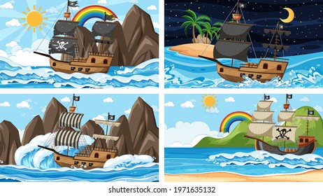 Set of ocean scenes at different times with Pirate ship in cartoon style illustration