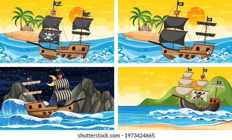 Set of ocean scenes at different times with Pirate ship in cartoon style illustration