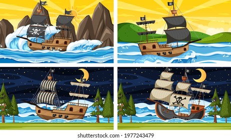 Set of ocean scenes at different times with Pirate ship in cartoon style illustration