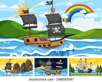 Set of ocean scenes at different times with Pirate ship in cartoon style illustration