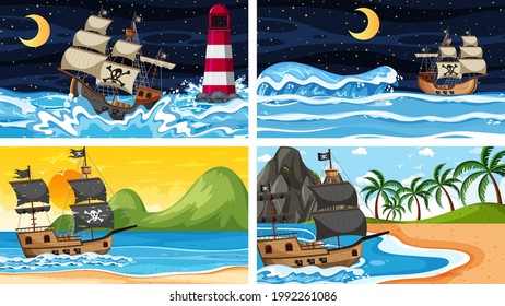 Escenas oceánicas en diferentes momentos con el barco Pirata en ilustración estilo caricatura