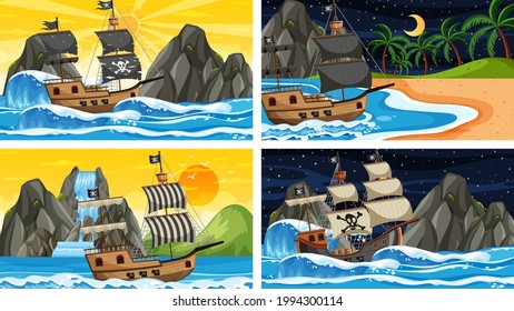 Escenas oceánicas en diferentes momentos con el barco Pirata en ilustración estilo caricatura