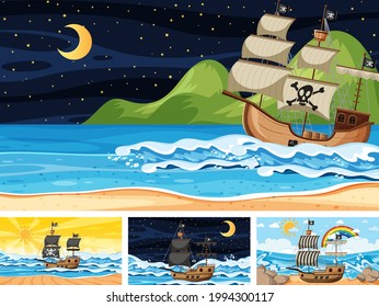 Set of ocean scenes at different times with Pirate ship in cartoon style illustration