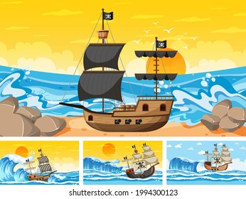 Set of ocean scenes at different times with Pirate ship in cartoon style illustration