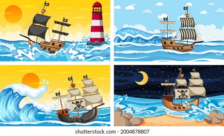 Set of ocean scenes at different times with Pirate ship in cartoon style illustration