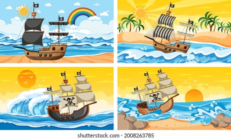 Set of ocean scenes at different times with Pirate ship in cartoon style illustration