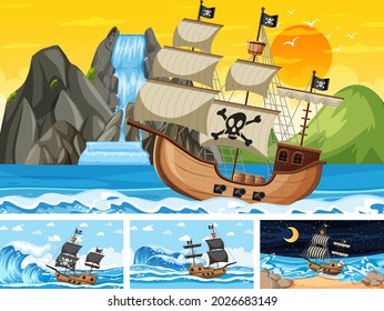 Set of ocean scenes at different times with Pirate ship in cartoon style illustration