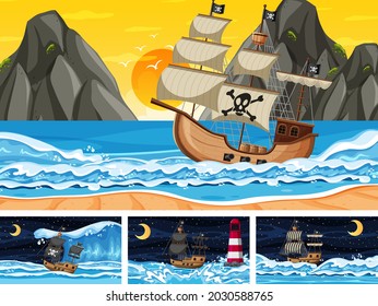 Set of ocean scenes at different times with Pirate ship in cartoon style illustration
