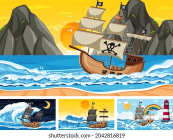 Set of ocean scenes at different times with Pirate ship in cartoon style illustration