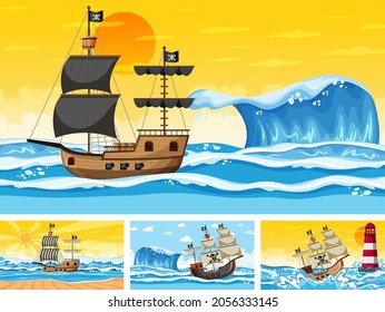 Set of ocean scenes at different times with Pirate ship in cartoon style illustration