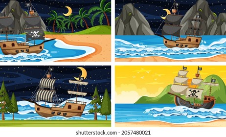 Set of ocean scenes at different times with Pirate ship in cartoon style illustration