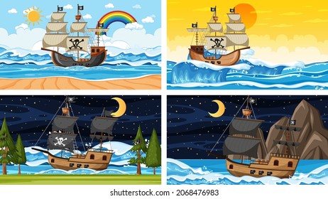 Set of ocean scenes at different times with Pirate ship in cartoon style illustration