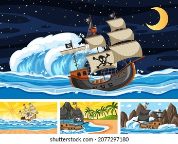 Set of ocean scenes at different times with Pirate ship in cartoon style illustration
