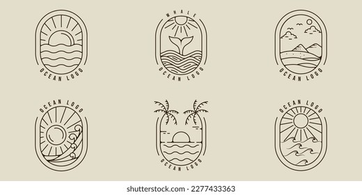 set of ocean or sea line art logo simple vector illustration template icon graphic design. bundle collection of various adventure and outdoors landscape view for travel business with badge typography