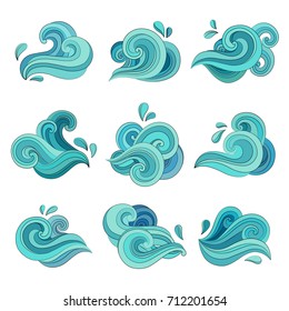 Set of ocean or sea wave, isolated on white. Water hand drawn icon. Vector wavy liquid and curvy aqua symbols of nature in motion. Water stream or flow motion. Marine, nautical and oceanic logo theme