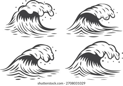 Conjunto de ondas do mar oceano preto e branco vintage gravura ilustração