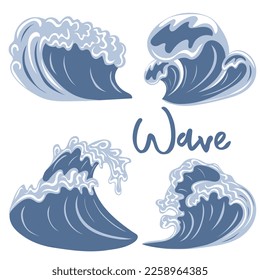 Conjunto de olas oceánicas o marinas y salpicaduras. Concepto de vida marina y oceánica. Ilustración del vector