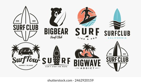 Set of ocean surfing logo, surf club, surfboard logo on white background