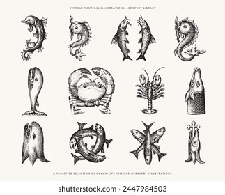 Set of Ocean Themed Heraldic Crest Icon Illustrations - Crabs, Fish, Whale, Lobster, and Fish