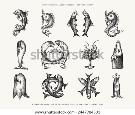Set of Ocean Themed Heraldic Crest Icon Illustrations - Crabs, Fish, Whale, Lobster, and Fish