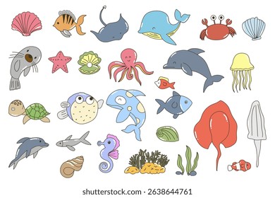 Set of ocean underwater animal habbit collection