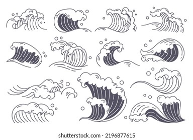 Set of Ocean Wave Doodle Element Vector Illustration