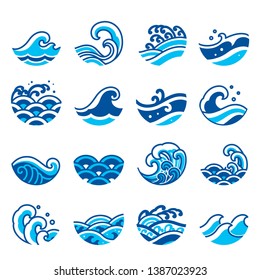Set of ocean wave icon vector. Modern and traditional sea wave style for logo, surf sports, tattoo.