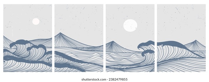 Set of Ocean wave and mountains landscape. Creative minimalist modern line art print. with Ocean wave, hill and the sun. vector illustrations