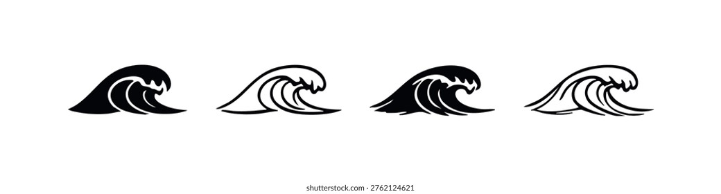 Set of Ocean Wave Vector Icons in Various Styles, Marine Elements