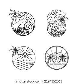 set ocean waves, coconut trees and sun shining monoline design beach badge