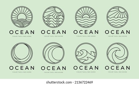 set of ocean waves minimalist line art logo vector illustration template design. bundle collection various of ocean wave isolated with badge icon logo design