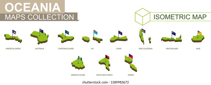 Set of Oceanian countries isometric map and flag, 3D vector isometric shape of Oceania.