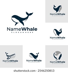 Set of Oceanic Giant Whale logo vector illustration. Whale fish logo design concept template