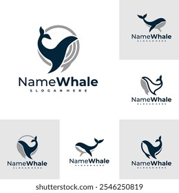 Set von Oceanic Giant Whale Logo, Vektorgrafik. Design-Konzeptvorlage für Whale-Fische