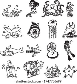 A Set of Ocean/Sea template icons suitable for sport, holiday, romance, vacation, nature, outdoor and aerospace content with doodle cartoon style