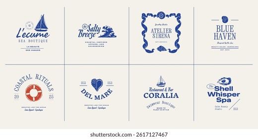Set of ocean-themed vector logos. Includes stylized waves, marine animals, and coastal elements. Great for branding beach resorts, travel services, or eco-friendly businesses.