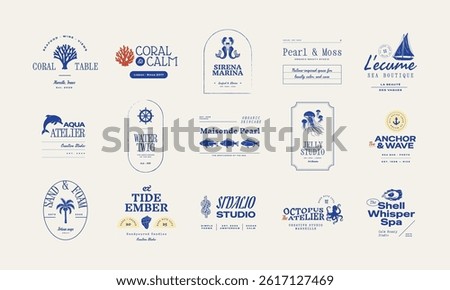 Set of ocean-themed vector logos. Includes stylized waves, marine animals, and coastal elements. Great for branding beach resorts, travel services, or eco-friendly businesses.