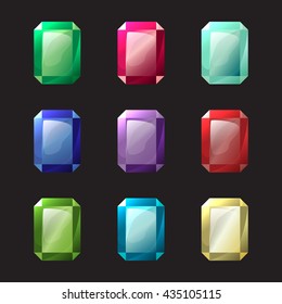 Set of octagon different color crystals, gemstones, gems, diamonds. Vector gui assets collection for game design isolated on dark background.