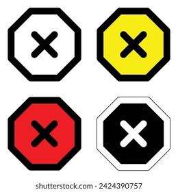 Set Achteck verschiedene Farbe Zeichen Aufmerksamkeit Kreuzung X Stopp Verkehr Warnung Warnung Isoliertes Symbol Logo Gefahr Abzeichen Straße Marke Vektor flaches Design für Website Mobile isoliert weiß Hintergrund