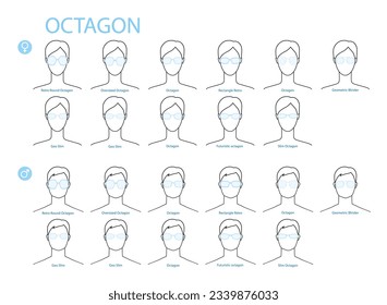 Set of Octagon frame glasses fashion accessory illustration. Sunglass front view for Men, women, unisex silhouette style, flat rim spectacles eyeglasses with lens sketch style outline isolated