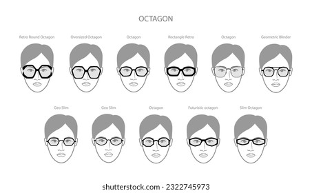 Set of Octagon frame glasses on women face character fashion accessory illustration. Sunglass front view unisex silhouette style, flat rim spectacles eyeglasses with lens sketch style outline isolated