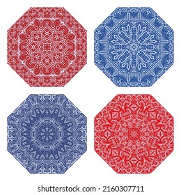 Set of octagonal bicolor patterned elements. Vintage circular patterns for carpet or rosette design.