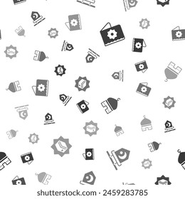 Set Octagonal star, Star and crescent, Muslim Mosque and Kaaba mosque on seamless pattern. Vector